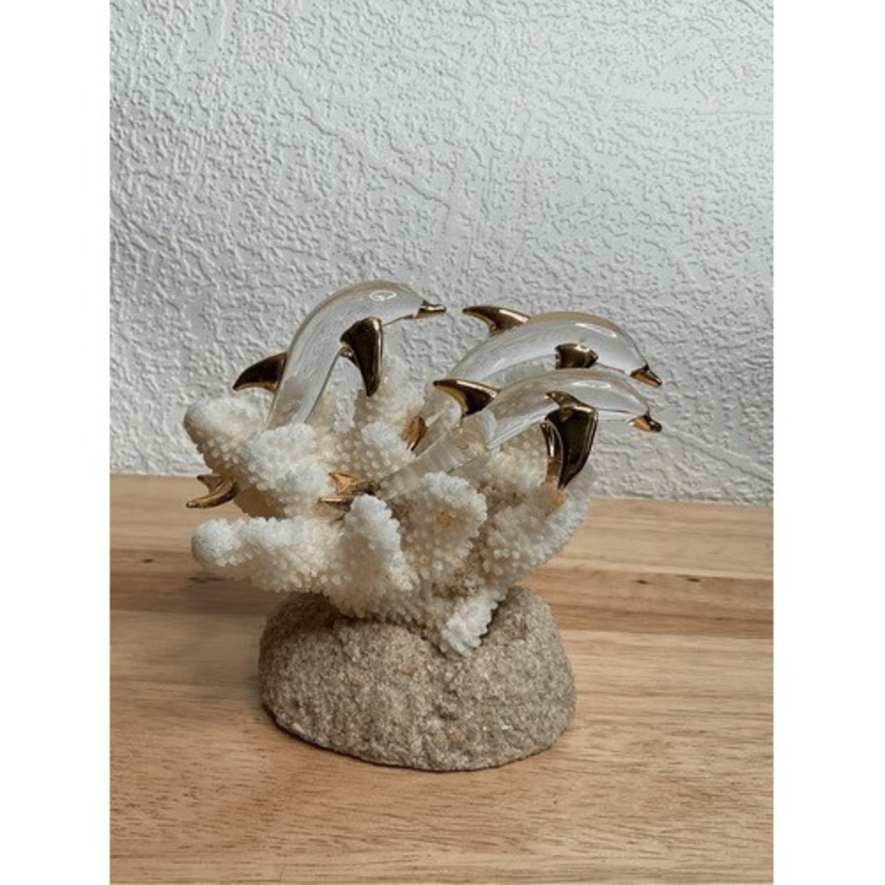 Melanie Cech Clear Glass 3 Dolphins On White Coral Sculpture Beach House Decor